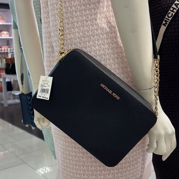 Michael Kors Jet Set Item Large East West Zip Crossbody Leather Black - Picture 1 of 16